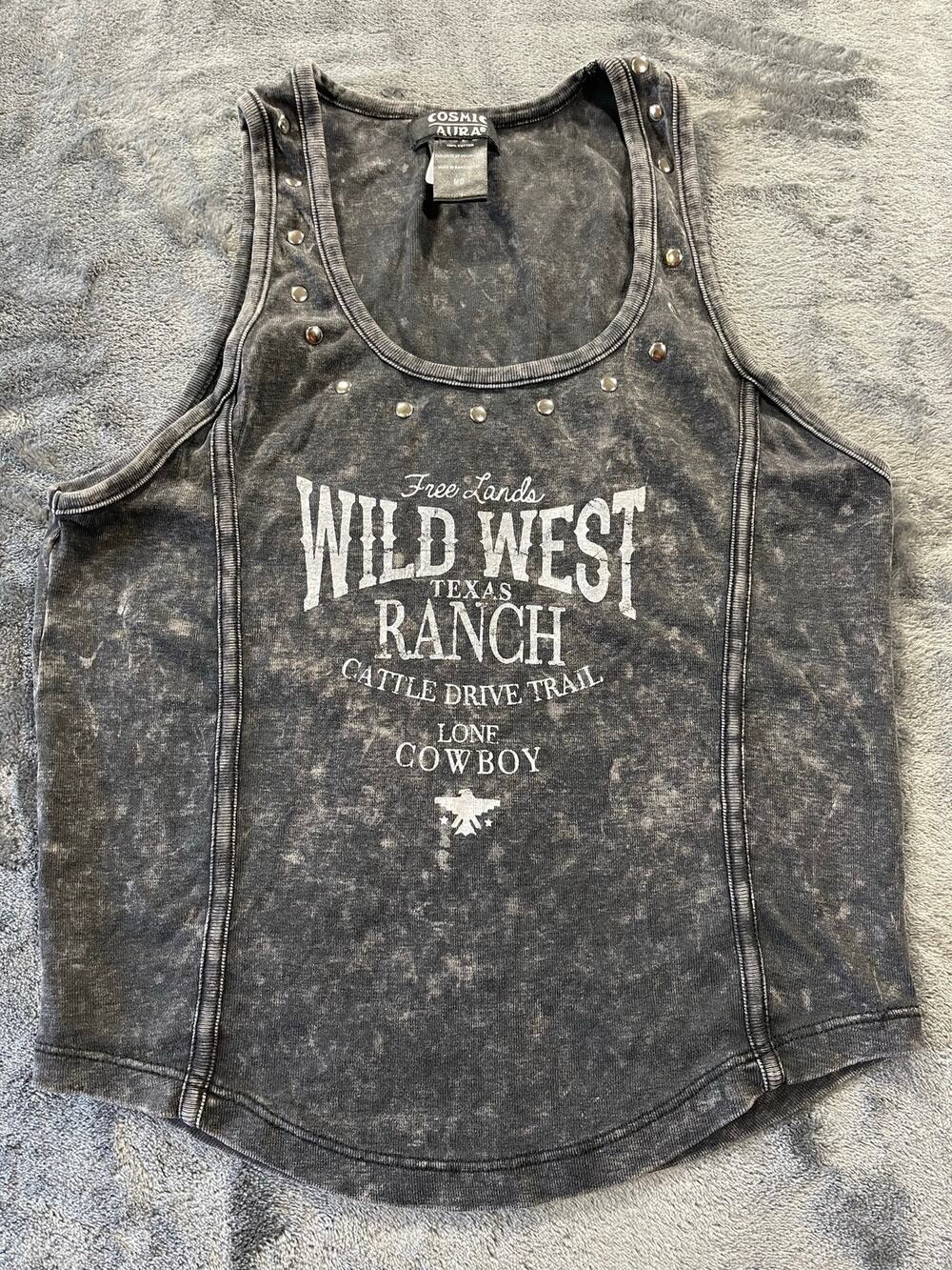 Cosmic Aura Wild West Ranch Acid Wash Graphic Tank Top Gray Medium